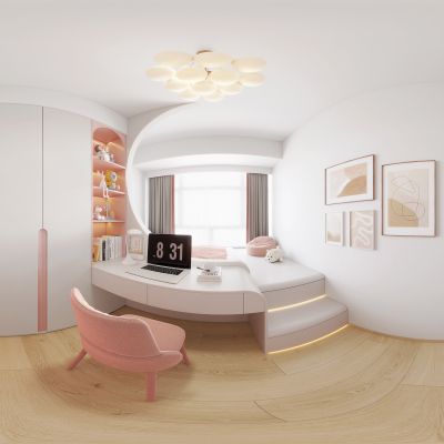 现代奶油风女儿房全景