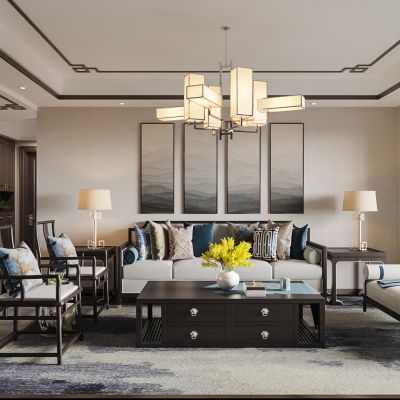 新中式客餐厅客厅餐厅新中式沙发餐桌椅吊灯摆件装饰品