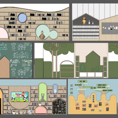 儿童书柜幼儿园背景墙儿童书架儿童空间装饰墙SU模型下