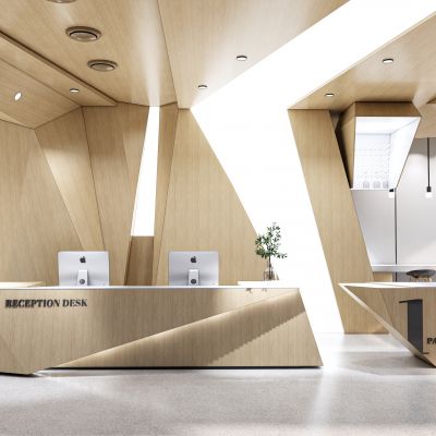 现代简约原木风格大堂前台