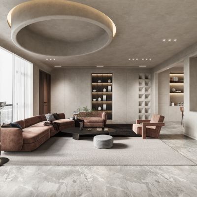 现代别墅客厅侘寂风客厅餐厅沙发茶几圆形餐桌椅吊灯餐椅