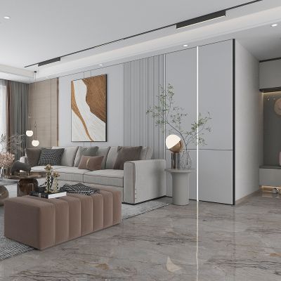 现代轻奢客厅，沙发背景墙，沙发茶几组合，窗帘，线性轨道灯，进门玄关鞋柜