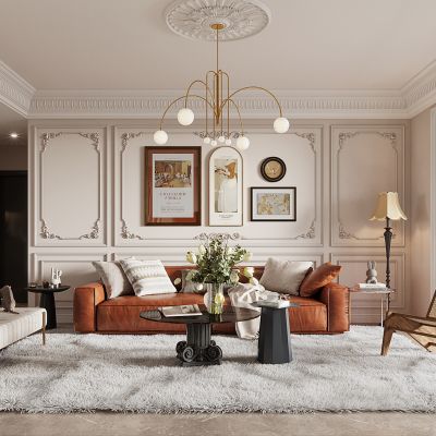 法式奶油侘寂风客餐厅， 沙发， 餐桌，电视柜 ，酒柜 ，装饰画