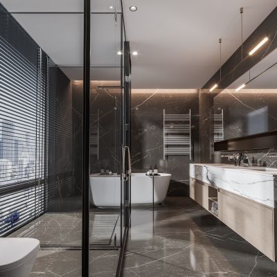 现代卫生间 马桶 浴室柜 洗脸盆 镜子 玻璃隔断 浴缸 