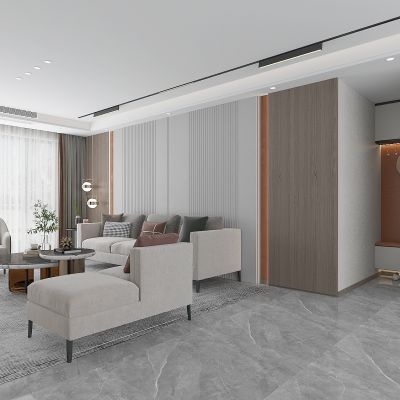 现代轻奢客厅，沙发背景墙，沙发茶几组合，窗帘，线性轨道灯，进门玄关鞋柜