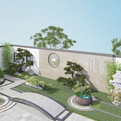 景观庭院，园艺景观小品，植物堆，绿植树木，假山石头，荷花水景，景墙，草坪