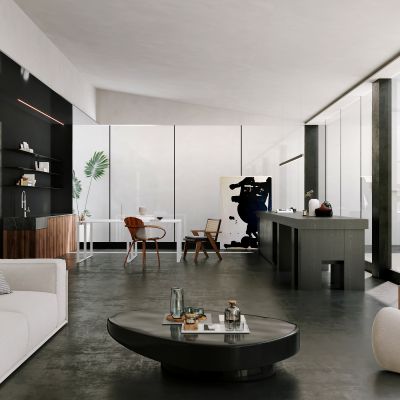 现代，洽谈区，工作区，水吧，沙发组合，总经理室，高级灰，办公桌，吧台，资料台