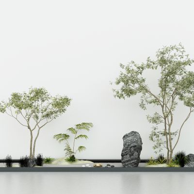 室内外造景，园艺景观小品，绿植景观石头，植物堆，树木，细沙山地，景观池3D模型