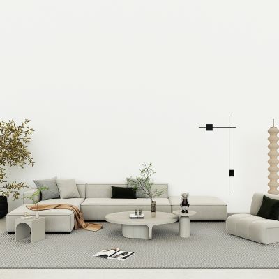 现代轻奢简约客厅沙发茶几组合，盆栽绿植，壁灯，落地灯