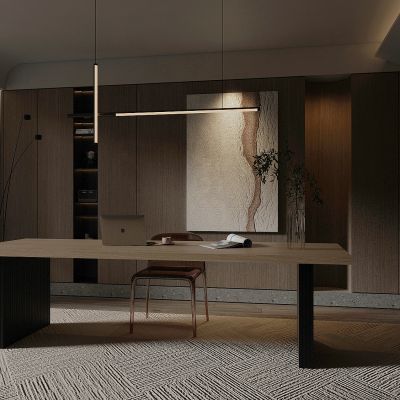 现代轻奢书房，书桌，写字台，书柜，书架，展示储物柜，书房吊灯