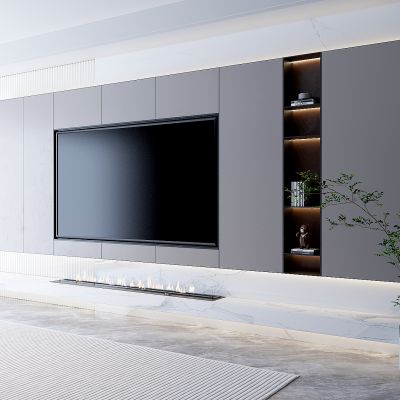 现代轻奢客厅电视背景墙，盆栽绿植