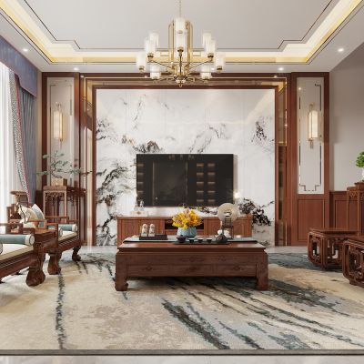 中式客餐厅， 沙发， 餐桌，电视柜 ，酒柜 ，装饰画