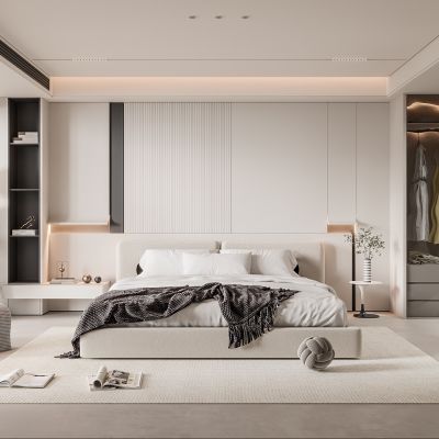 现代卧室 双人床 饰品 休闲椅 落地灯 无主灯造形吊顶 衣柜