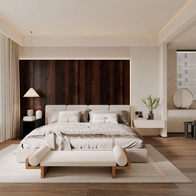 卧室，侘寂，现代，床品组合，台灯，装饰画，盆栽，背景墙