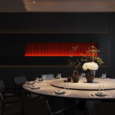 餐饮，包厢，现代，高级灰，餐桌椅，新中式，红色，壁柜