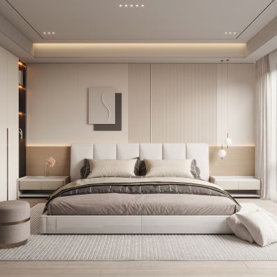 现代卧室 挂画 床头柜 衣柜组合 窗帘