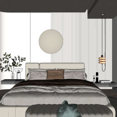 卧室，法式，现代，床品组合，吊灯，台灯，书柜，衣柜，盆栽，背景墙