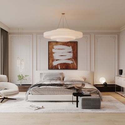 卧室，法式，现代，床品组合，吊灯，台灯，装饰画，盆栽，背景墙