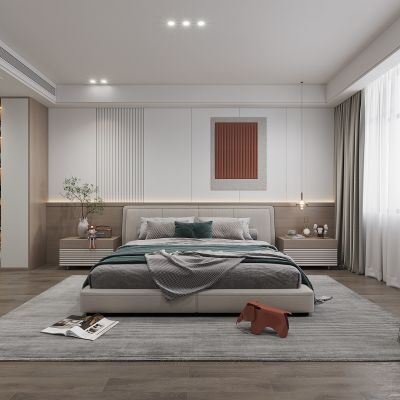 现代极简卧室，床，衣柜，装饰画3D模型