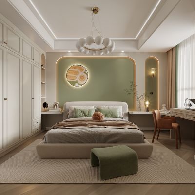 现代卧室，床，衣柜，书桌，装饰画！3D模型