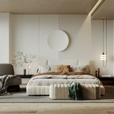 卧室，法式，现代，床品组合，吊灯，台灯，书柜，衣柜，盆栽，背景墙