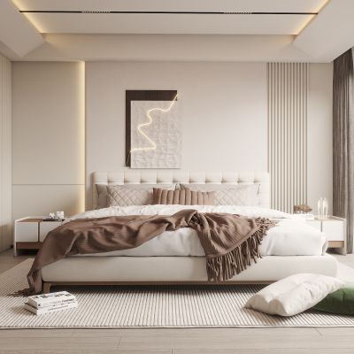 家居卧室 现代卧室 简约卧室吊顶 抽象挂画 奶油风大床