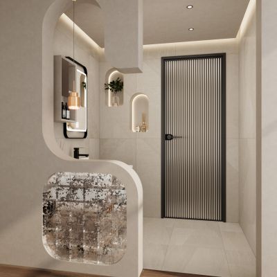 奶油诧寂风圆弧冰裂玻璃砖卫生间干区