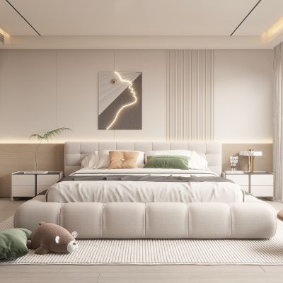 家居卧室 现代卧室 简约卧室吊顶 抽象挂画 奶油风大床