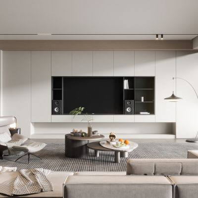 现代客厅奶油风客厅北欧客厅日式客厅茶几单人沙发画落地灯电视墙