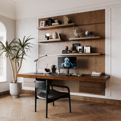 侘寂，中古，书房，装饰隔板，书柜，书桌椅