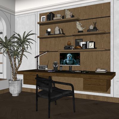 侘寂，中古，书房，装饰隔板，书柜，书桌椅