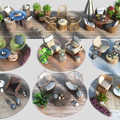 现代户外桌椅组合 休闲椅 庭院桌椅 休闲座椅 盆景 太阳伞 竹编藤椅 遮阳伞 