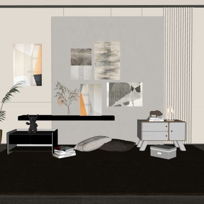 现代挂画 盆栽 矮柜 小品模型组合