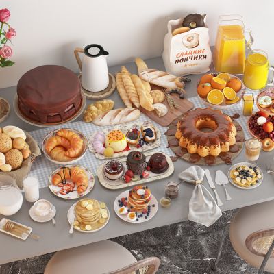 面包蛋糕食物 鸡蛋牛奶 西点 饮料橙汁 餐桌餐具 花瓶烛台