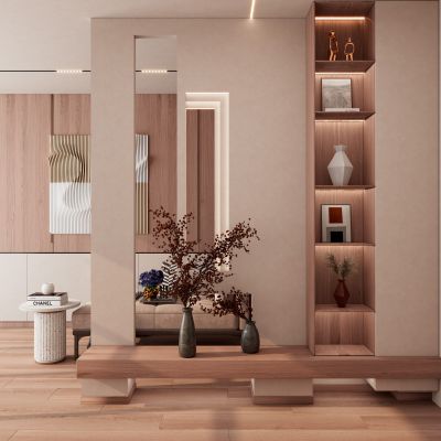 北欧奶油原木风斯卡帕叠级玄关隔断su