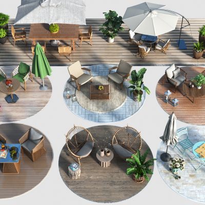 现代户外桌椅组合 休闲椅 庭院桌椅 休闲座椅 盆景 太阳伞 竹编藤椅 遮阳伞