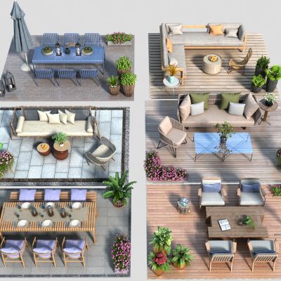 现代户外桌椅组合 休闲椅 庭院桌椅 休闲座椅 盆景 太阳伞 竹编藤椅 遮阳伞