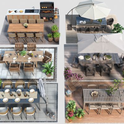 现代户外桌椅组合 休闲椅 庭院桌椅 休闲座椅 盆景 太阳伞 竹编藤椅 遮阳伞