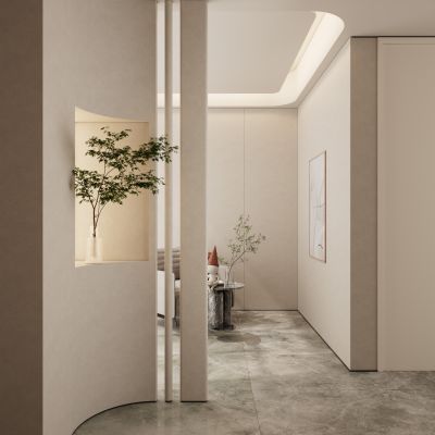 奶油诧寂风圆弧隔断玄关su