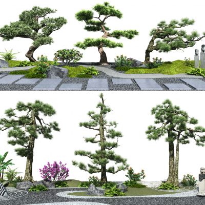 新中式庭院小品 松树 景观树 迎客松 景观小品 中式景观松树 庭院树 石头