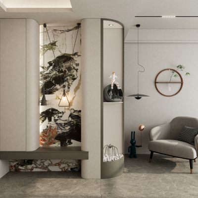 轻奢奶油风圆弧开发柜岩板造型玄关