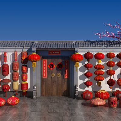 新中式灯笼 红灯笼 对联 酒坛 梅花树