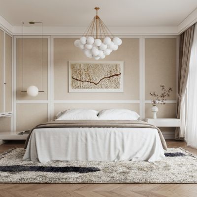 现代卧室 双人床 窗帘 床头柜  吊灯