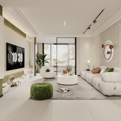 现代客餐厅现代奶油风沙发组合现代餐厅餐桌椅酒柜冰箱窗帘