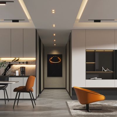 现代客餐厅，沙发，餐桌，电视柜，酒柜，吊灯，装饰画