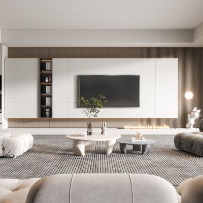 现代客厅奶油风客厅北欧客厅日式客厅茶几单人沙发画落地灯电视墙懒人沙发