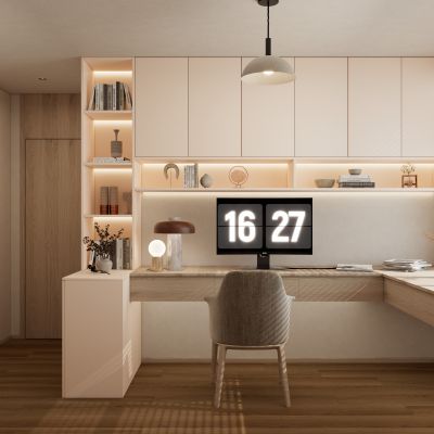 北欧原木奶油风L型书柜书房