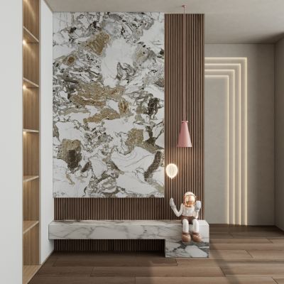 轻奢奶油原木风岩板造型玄关隔断