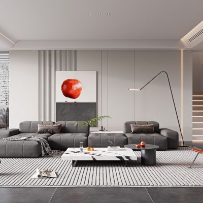 现代客厅，现代沙发组合，现代茶几组合，现代单人休闲椅，金属落地灯，绿植，饰品摆件