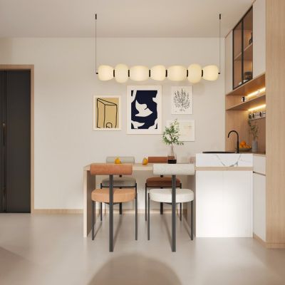 现代奶油风客餐厅，侘寂，原木，客厅餐厅，沙发，餐桌，电视柜，酒柜，吊灯，装饰画